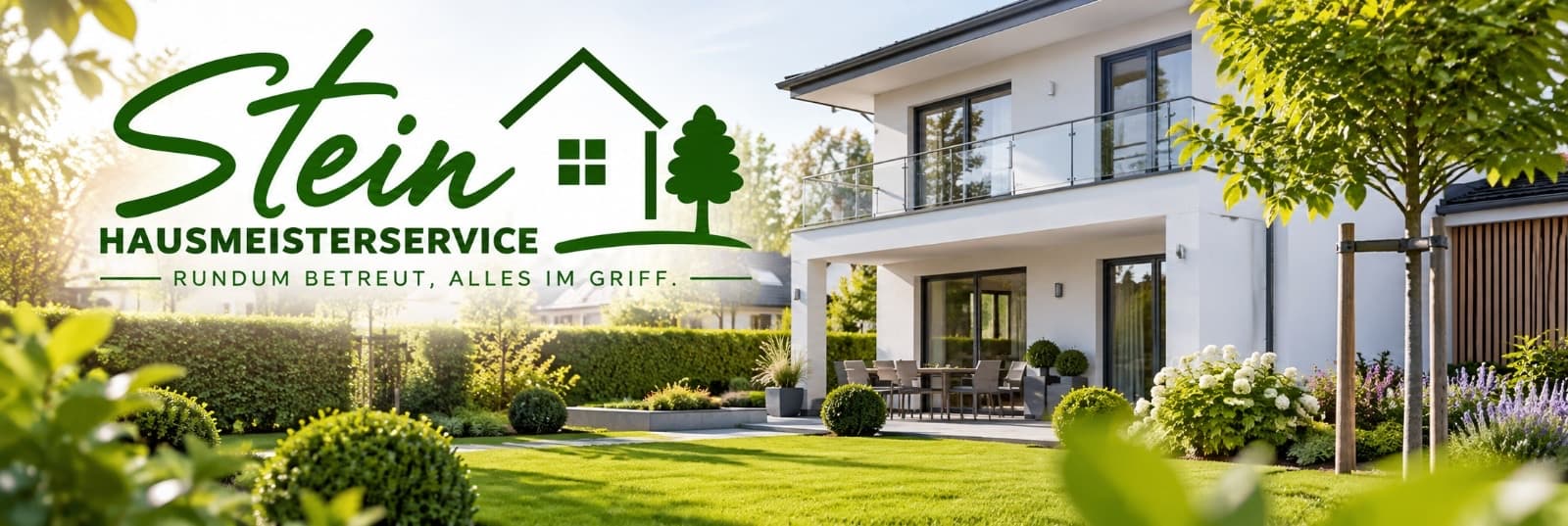 Gepflegtes Haus mit Garten und frisch gemähtem Rasen, betreut von Stein Hausmeisterservice