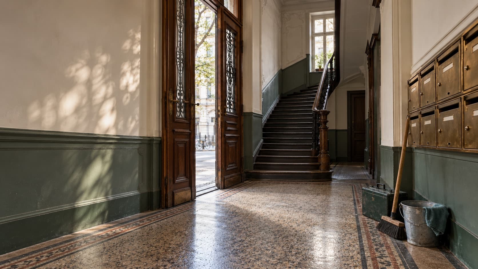 Frisch gereinigter Hauseingang eines Berliner Altbaus mit Terrazzoboden und Holztreppe