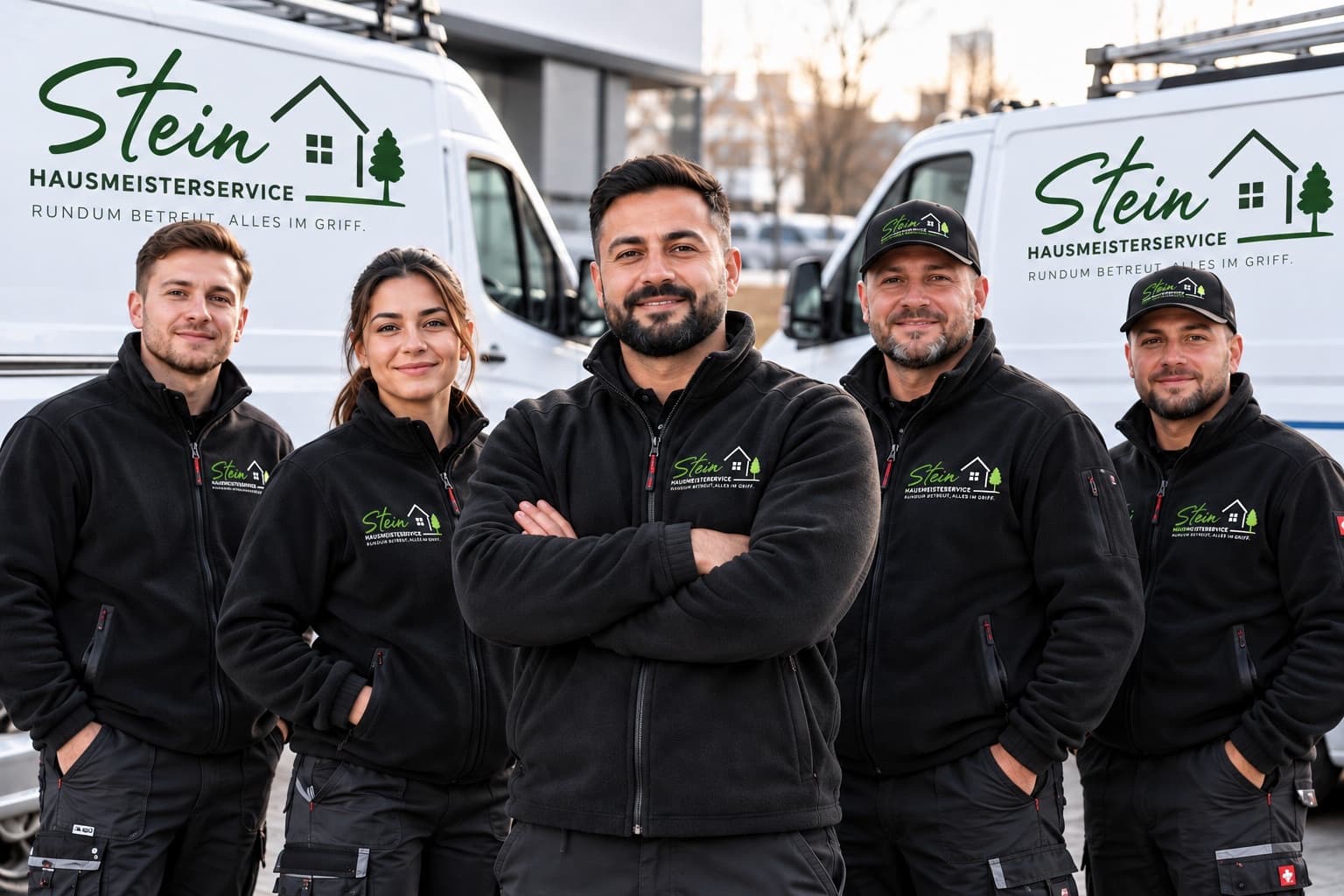 Das Team von Stein Hausmeisterservice vor den Firmentransportern in Berlin