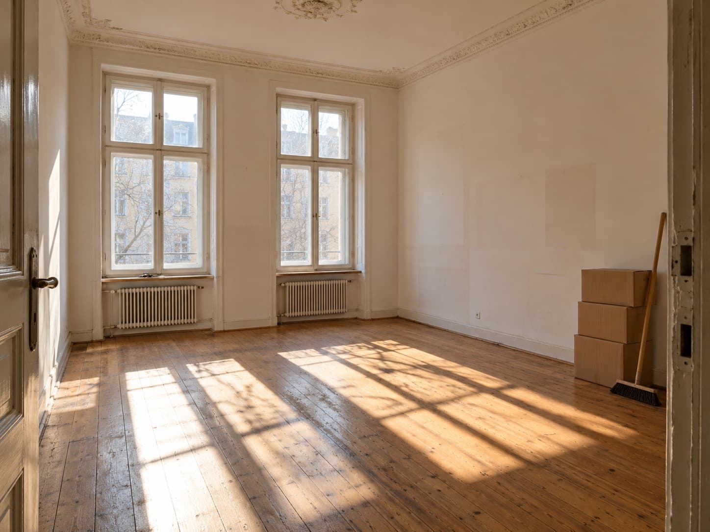 Leere, besenrein übergebene Altbauwohnung in Berlin mit Dielenboden, Umzugskartons und Besen