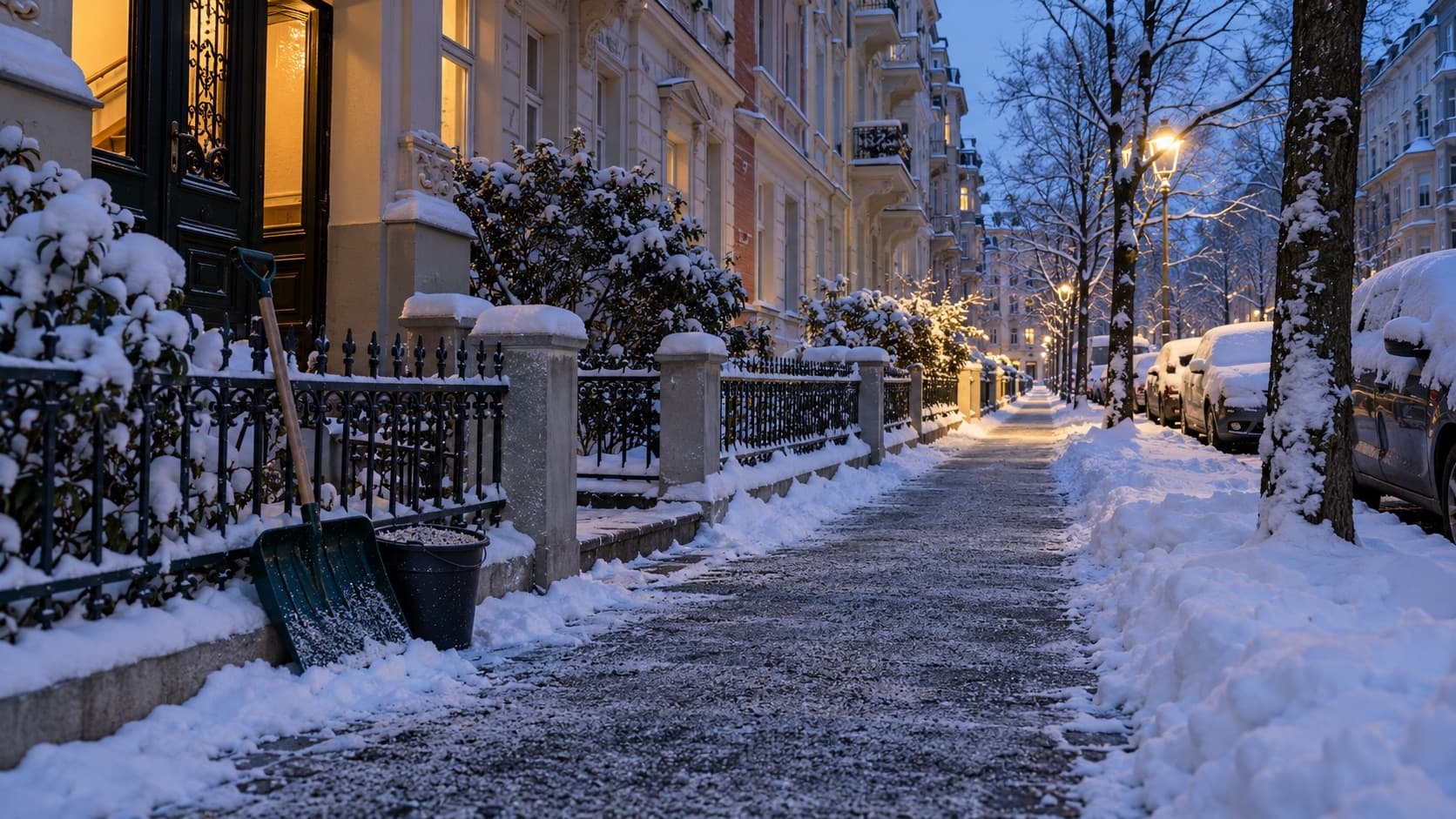 Geräumter und gestreuter Gehweg vor einem Berliner Altbau am frühen Wintermorgen, Schneeschaufel und Streugut am Zaun